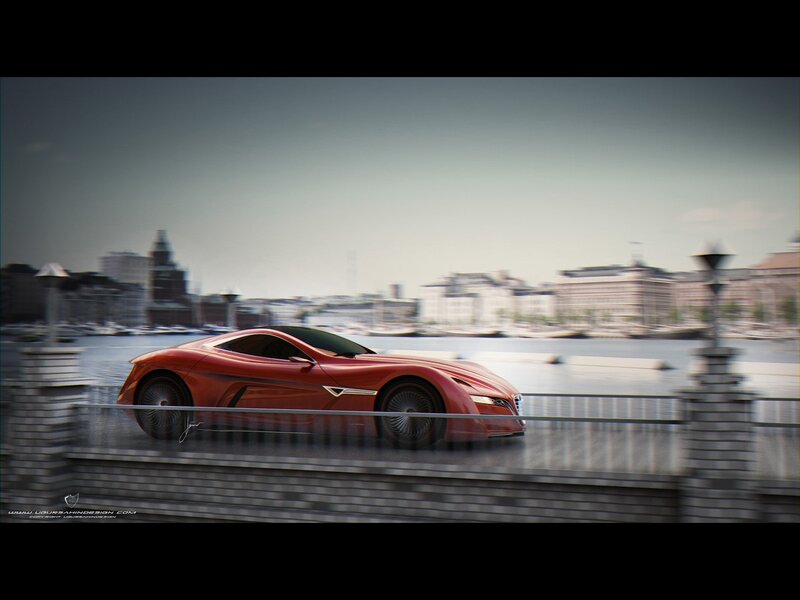 Red sports car on a bridge