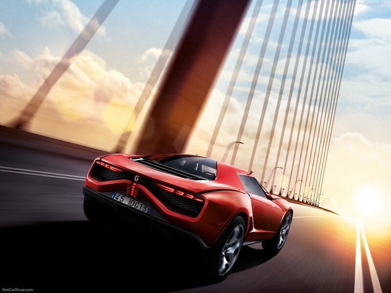 Red sports car on a bridge