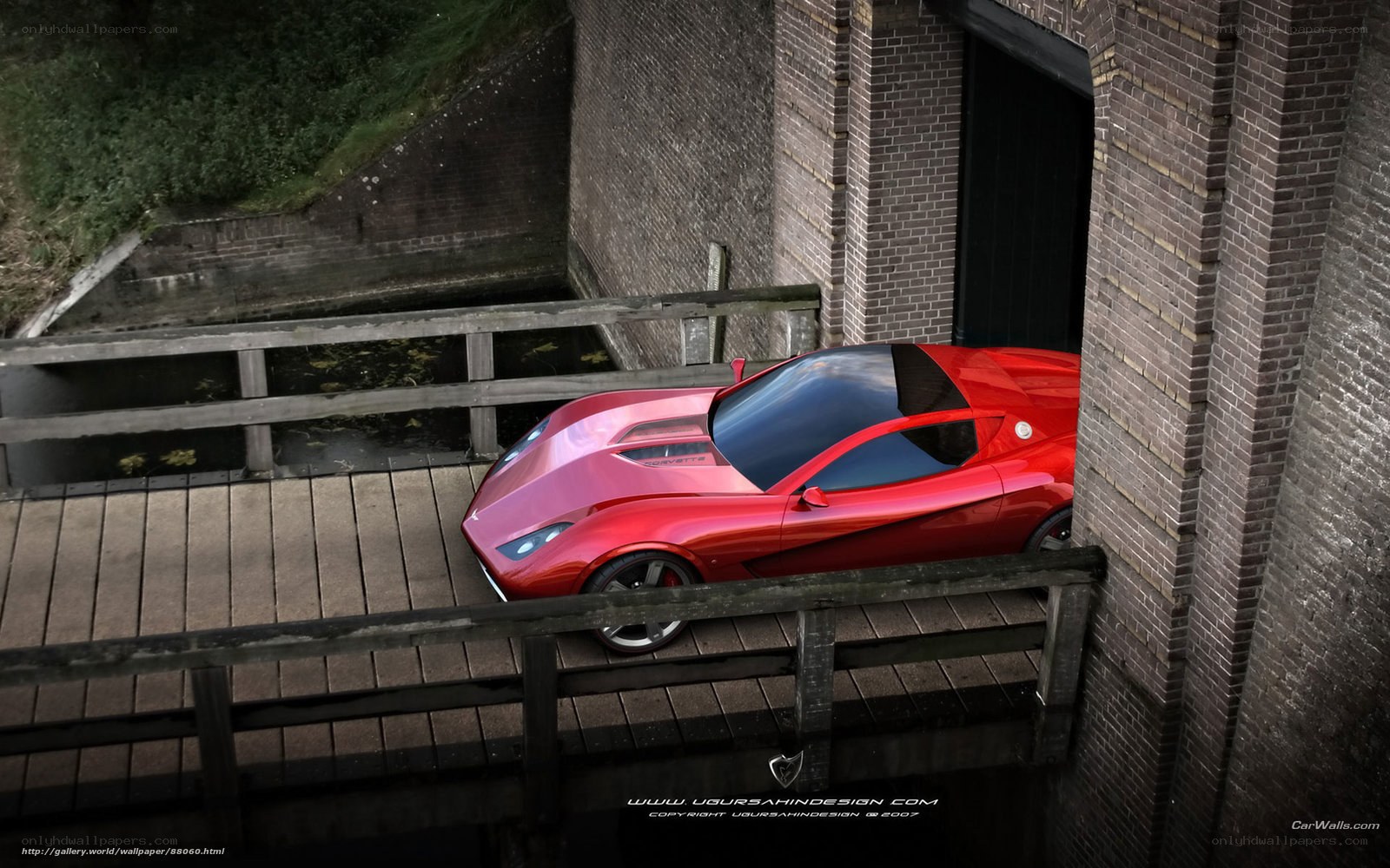 Red sports car on a bridge