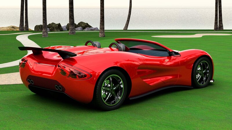Red sports car on a golf course