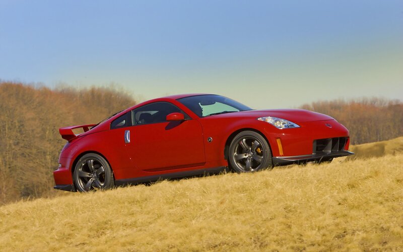 Red sports car on a hill