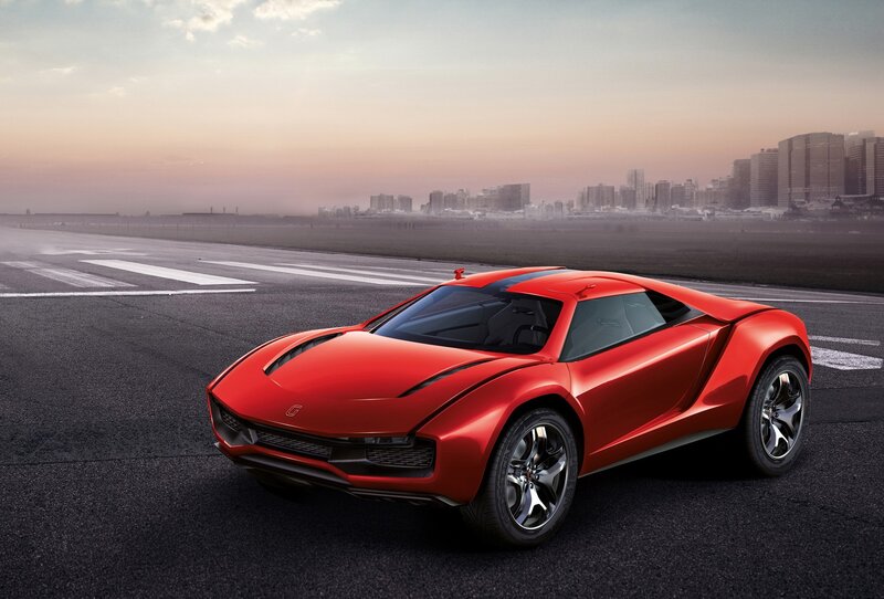 Red sports car on a runway