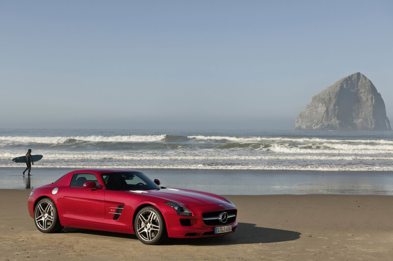 Red sports car on beach
