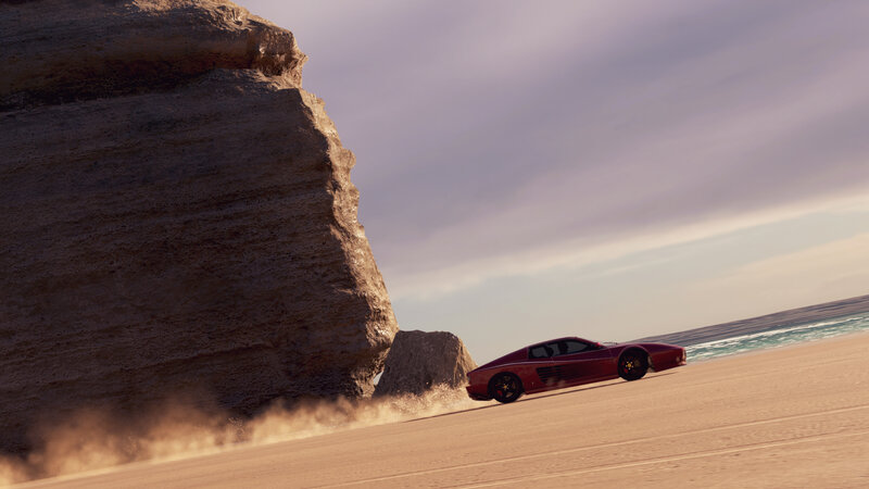 Red Sports Car on Beach — Dramatic, Sunset