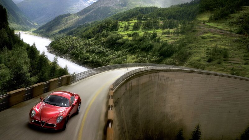 Red Sports Car on Bridge — Dramatic, Afternoon