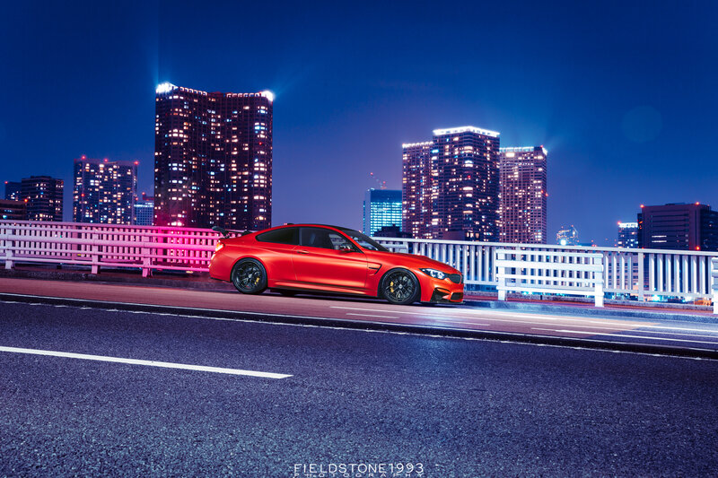 Red Sports Car on Bridge — Dramatic, Night
