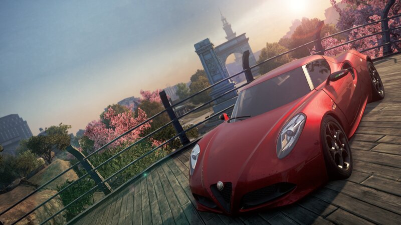Red Sports Car on Bridge — Serene