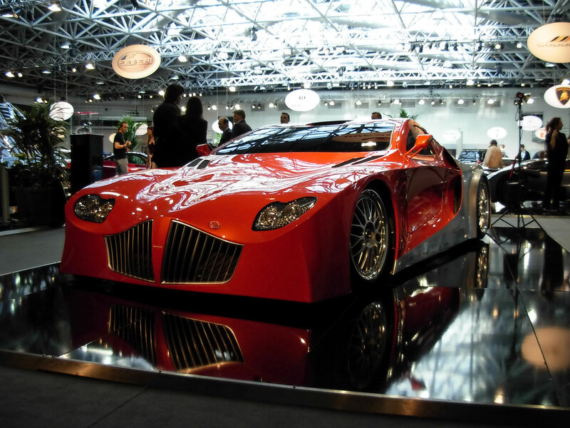 Red sports car on display