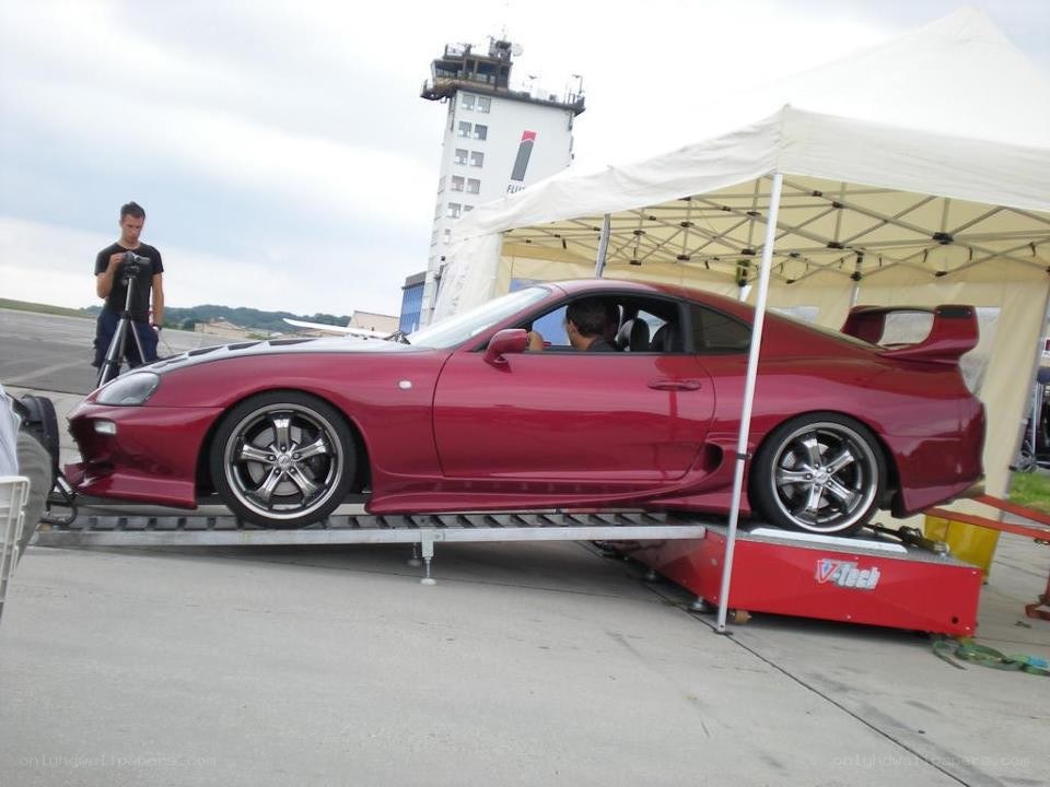 Red sports car on dynamometer