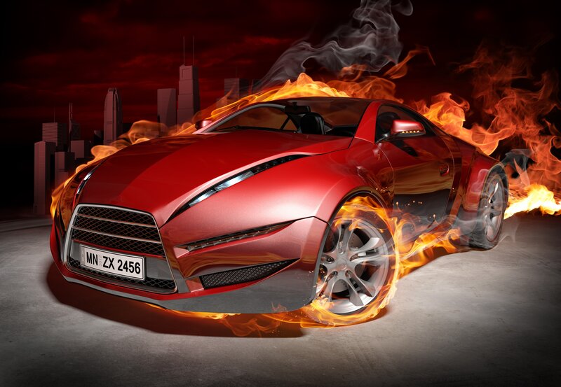 Red sports car on fire