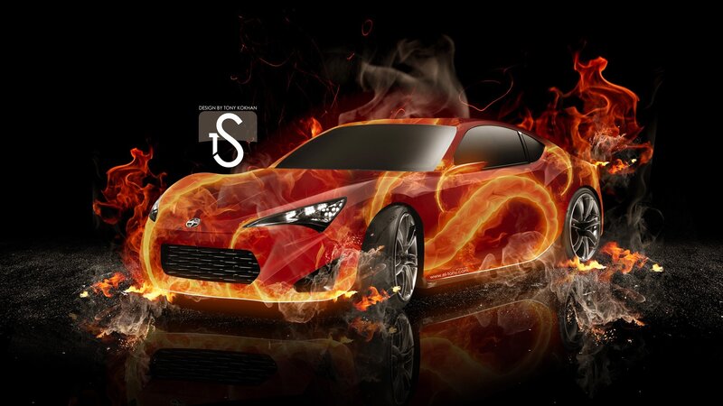 Red Sports Car on Fire — Black