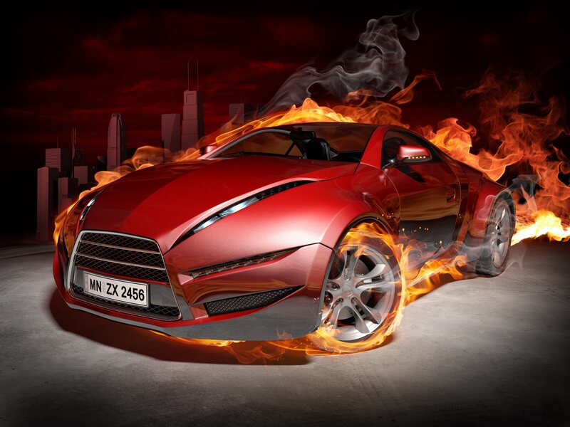 Red Sports Car on Fire — Dramatic