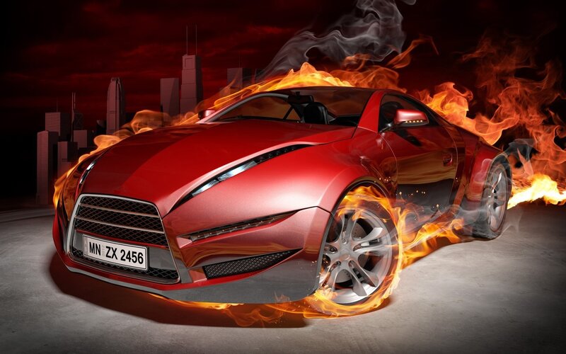 Red sports car on fire