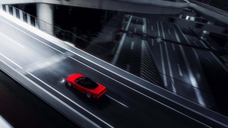 Red Sports Car on Highway — Dramatic, Night, 3d Render, Overpass