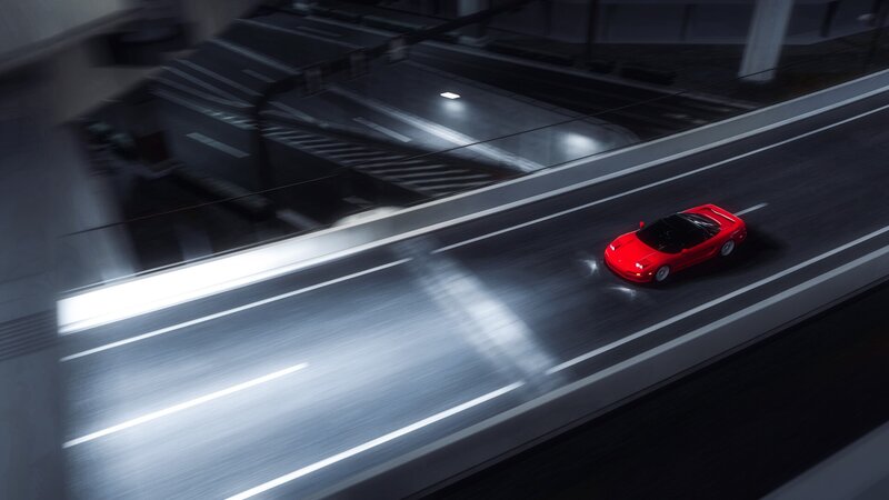 Red Sports Car on Highway — Dramatic, Night, 3d Render