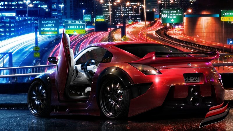 Red Sports Car on Highway — Dramatic, Night, Digital Art, City Lights