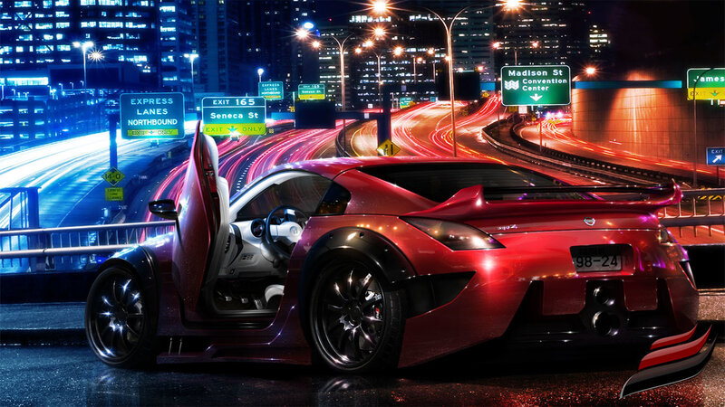 Red Sports Car on Highway — Dramatic, Night, Digital Art, City Skyline, Light Trails