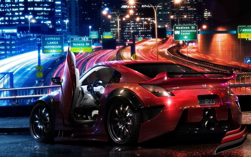 Red Sports Car on Highway — Dramatic, Night, Digital Art, Highway Signs