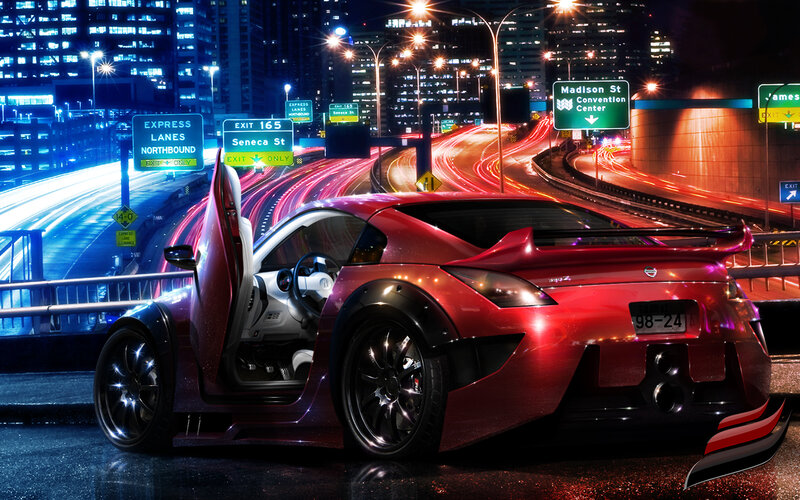 Red Sports Car on Highway — Dramatic, Night