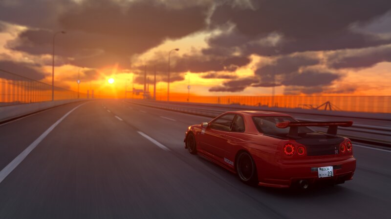 Red Sports Car on Highway — Dramatic, Sunset