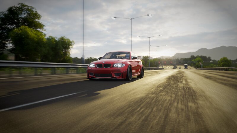 Red Sports Car on Highway — Dynamic, Morning