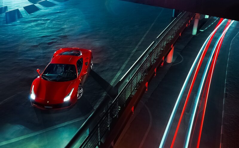 Red Sports Car on Ramp — Dramatic, Night