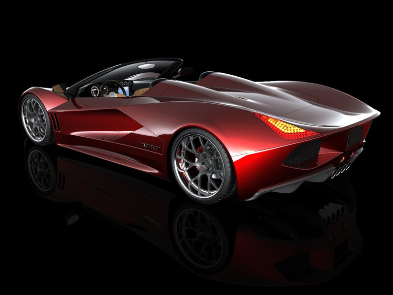 Red sports car on reflective surface