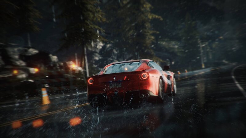 Red Sports Car on Road — Dark, Rainy