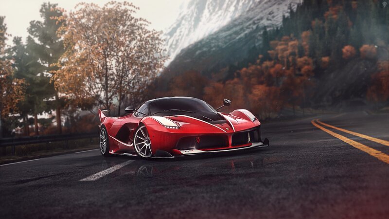Red Sports Car on Road — Dramatic, Autumn, 3d Render