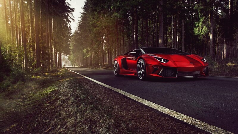 Red Sports Car on Road — Dramatic, Morning, Photograph, Forest, Sunlight