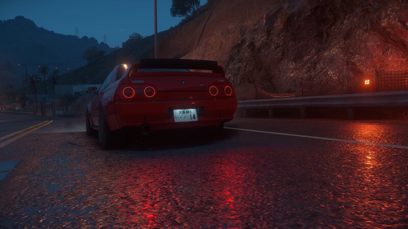 Red Sports Car on Road — Dramatic, Night, 3d Render, Mountain