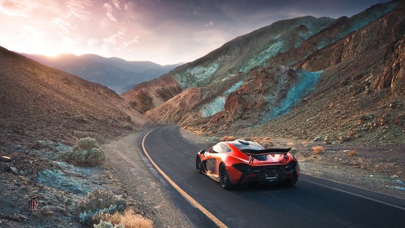 Red Sports Car on Road — Dramatic, Sunrise, Photograph, Mountain