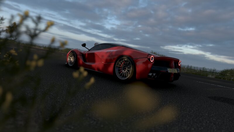 Red Sports Car on Road — Dramatic, Sunset, 3d Render, Flowers