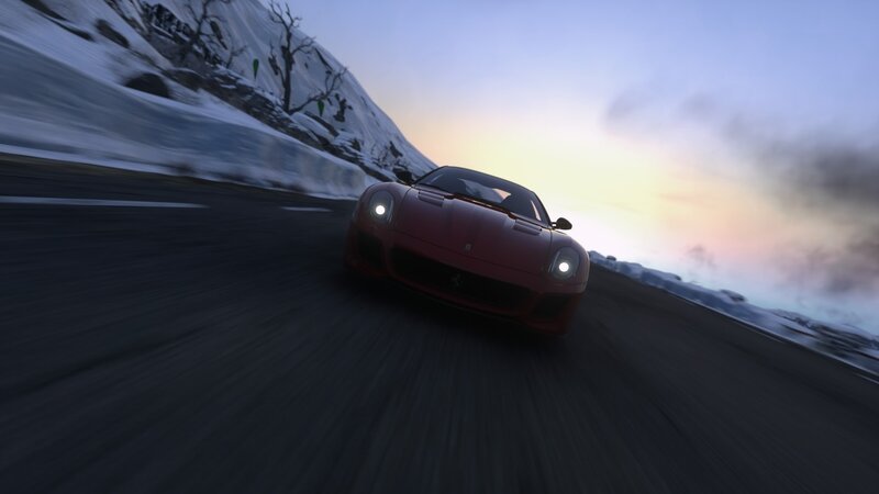 Red Sports Car on Road — Dramatic, Sunset, 3d Render, Snowy Mountain