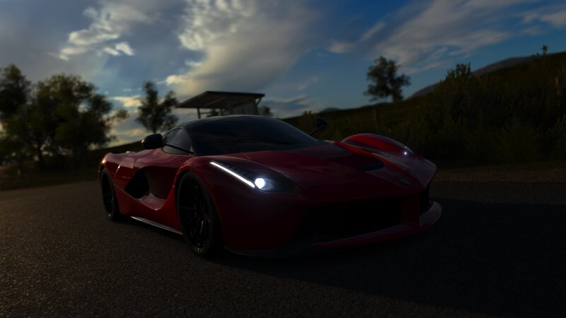 Red Sports Car on Road — Dramatic, Sunset, 3d Render, Trees
