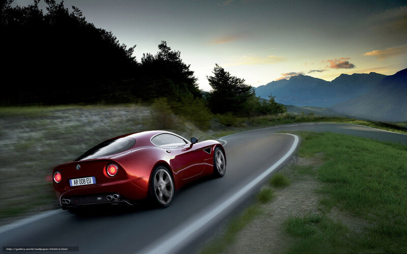 Red Sports Car on Road — Dramatic, Sunset, Digital Art, Mountains