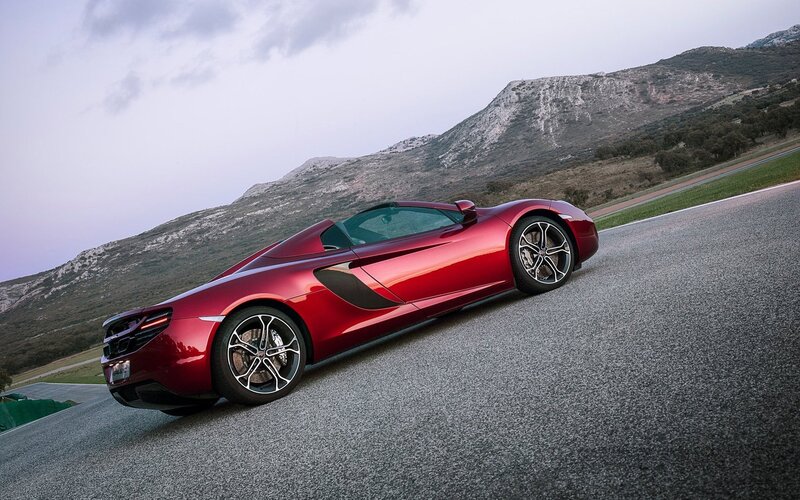 Red Sports Car on Road — Dramatic, Sunset, Photograph, Mountain, Sky, Gray