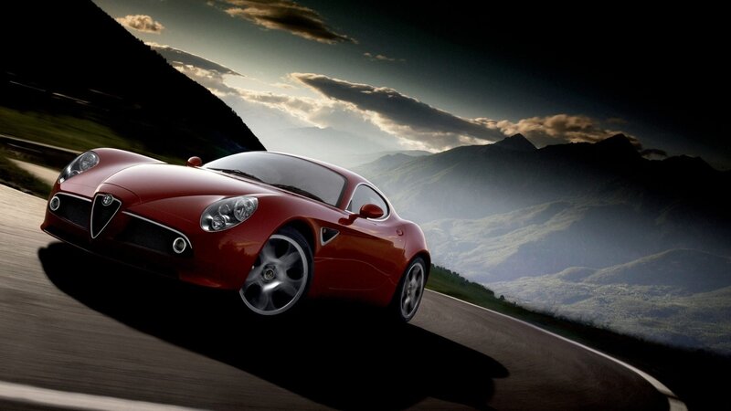 Red Sports Car on Road — Dramatic, Sunset, Photograph, Mountains, Clouds, Black