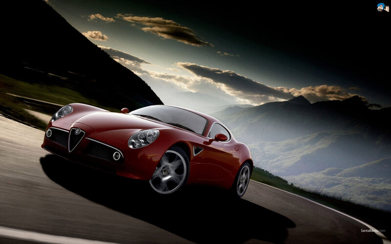 Red Sports Car on Road — Dramatic, Sunset, Photograph, Mountains, Sky