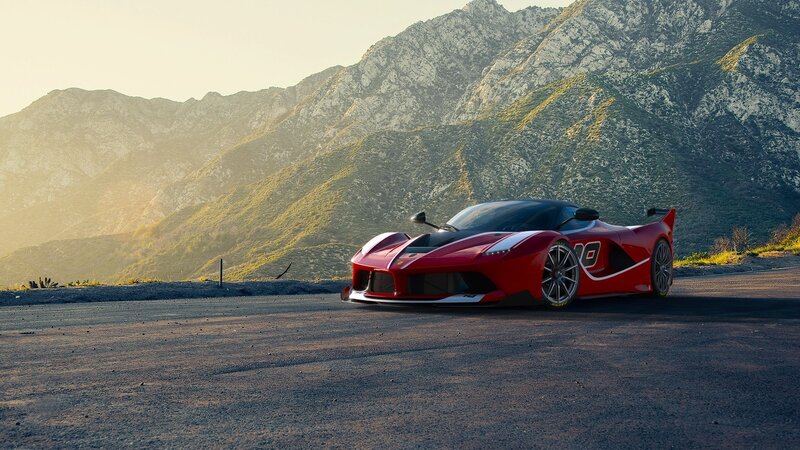 Red Sports Car on Road — Dramatic, Sunset, Photograph, Mountains, Sunlight