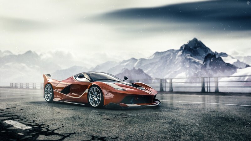 Red Sports Car on Road — Dramatic, Winter, 3d Render, Mountains