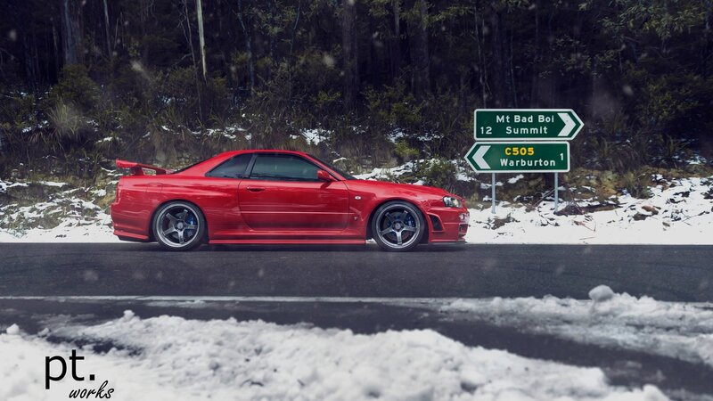 Red Sports Car on Road — Dramatic, Winter, Photograph, Snow