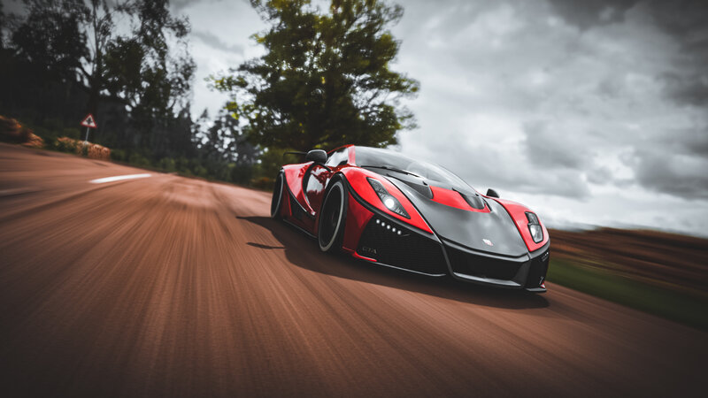 Red Sports Car on Road — Dynamic, 3d Render, Trees