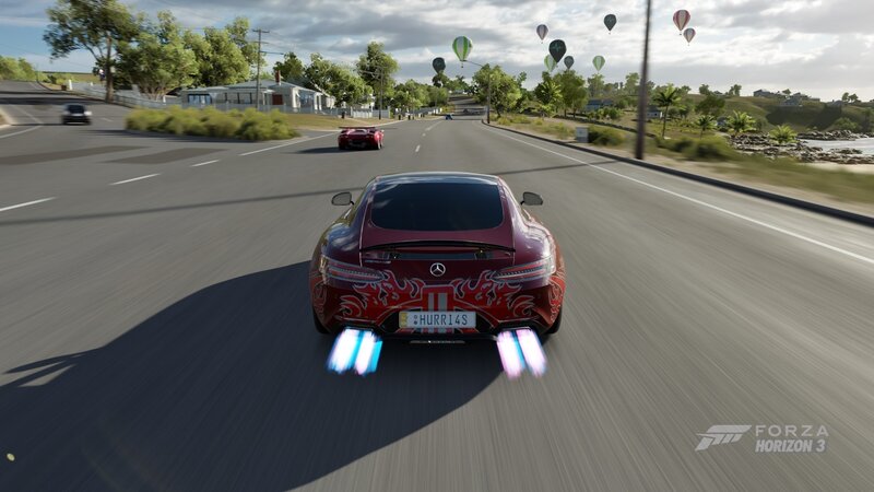 Red Sports Car on Road — Dynamic, Afternoon, 3d Render, Hot Air Balloons