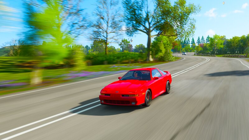 Red Sports Car on Road — Dynamic, Afternoon, 3d Render, Trees, Hot Air Balloon