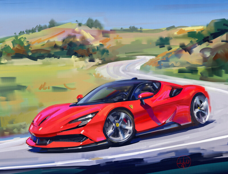 Red Sports Car on Road — Dynamic, Afternoon, Digital Art, Hills