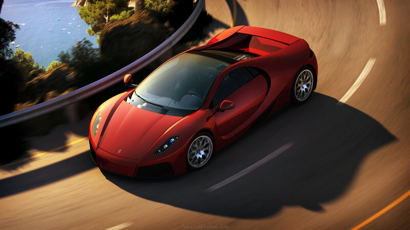 Red Sports Car on Road — Dynamic, Afternoon, Digital Art, Sea
