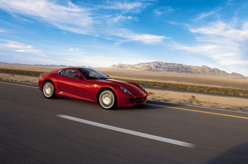 Red Sports Car on Road — Dynamic, Afternoon, Photograph, Mountains, Sky
