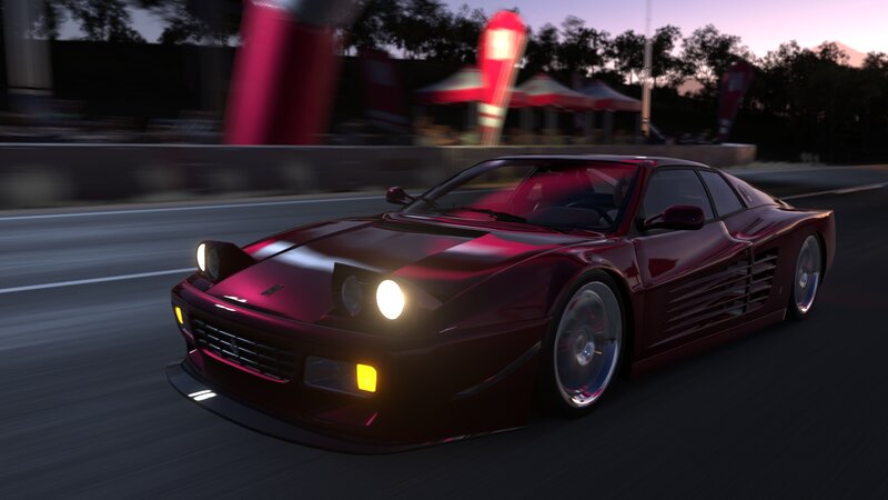 Red Sports Car on Road — Dynamic, Sunset, 3d Render, Trees, Tents