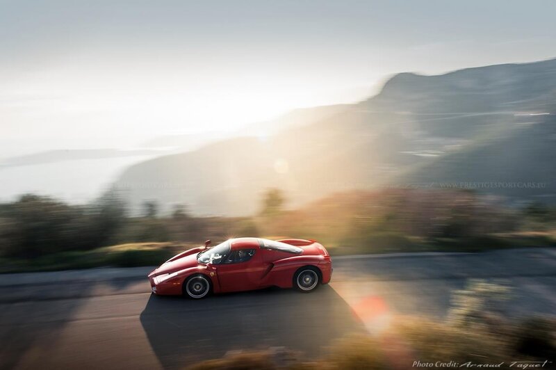 Red Sports Car on Road — Dynamic, Sunset, Photograph, Mountain, Gray